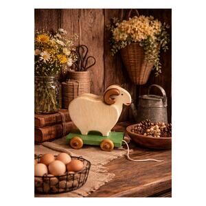 Handmade Wooden Ram Sheep Pull Toy 9" H x 9" L x 6"W